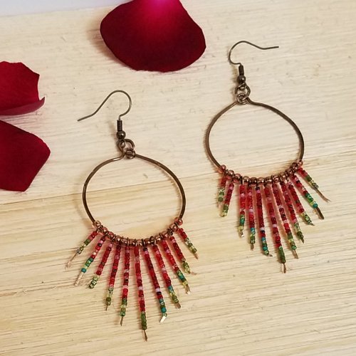 Debbie Blair's Red Poppy Hoop Earrings with Beaded Fringe - , Contemporary Wire Jewelry, Loops, Wire Loop, Wrapped Wire Loop, red poppy hoop earrings